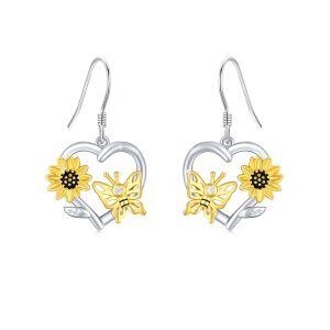 Sterling Silver Sunflower Butterfly Dangle Earrings-0