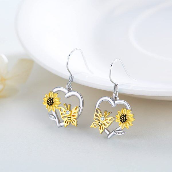 Sterling Silver Sunflower Butterfly Dangle Earrings-3