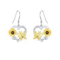 wholesale 925 Sterling Silver Heart-Shaped Honeybee & Sunflower Drop Earrings for Women - Hypoallergenic  Idea- Rhodium And Gold Plated