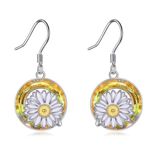 Sterling Silver Daisy Flower Dangle Earrings with Yellow Crystal Circle-0