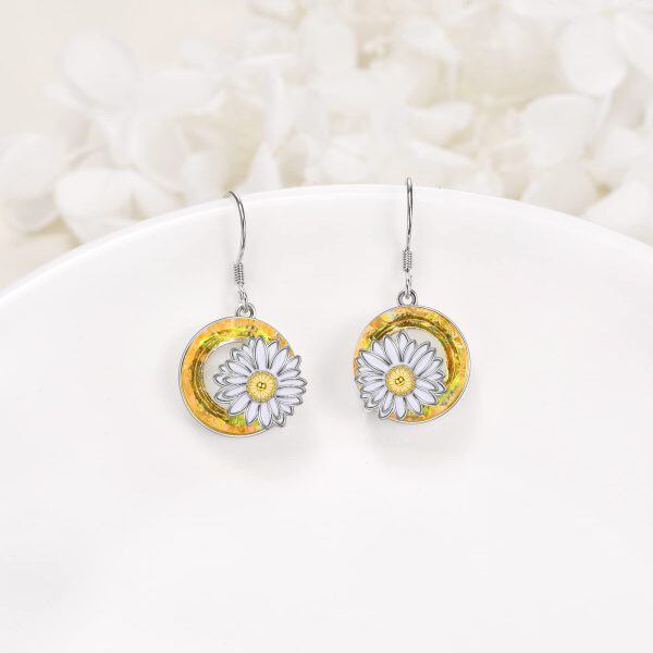 Sterling Silver Daisy Flower Dangle Earrings with Yellow Crystal Circle-3