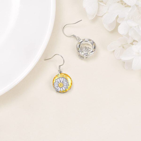 Sterling Silver Daisy Flower Dangle Earrings with Yellow Crystal Circle-4