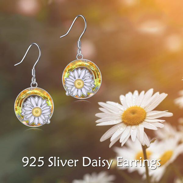 Sterling Silver Daisy Flower Dangle Earrings with Yellow Crystal Circle-5