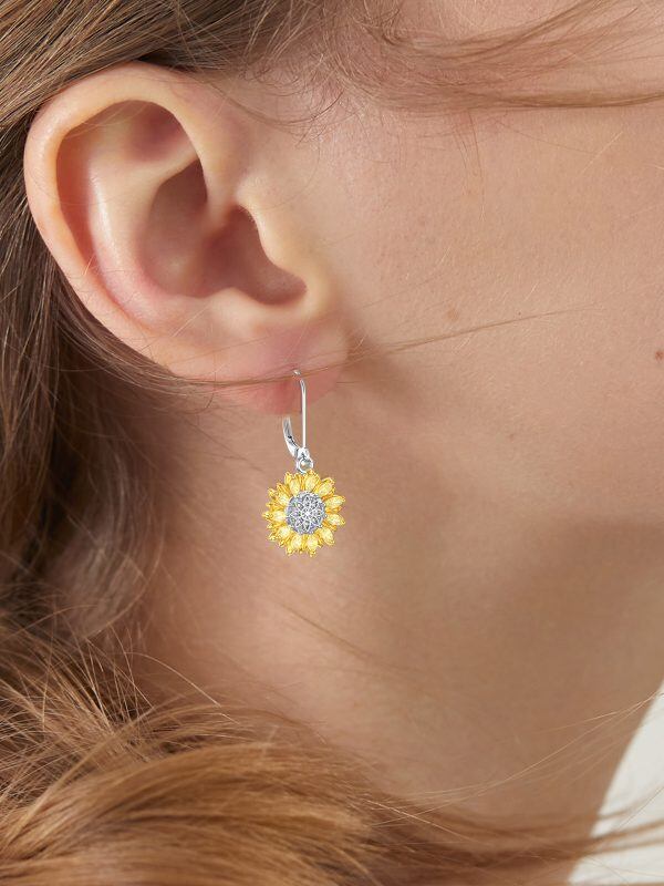 Sterling Silver Sunflower Flower Dangle Earrings-2