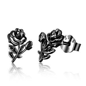 Sterling Silver Hollow Black Rhodium Plated Rose Flower Stud Earrings-0