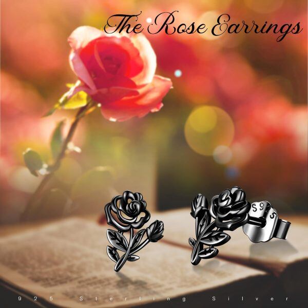 Sterling Silver Hollow Black Rhodium Plated Rose Flower Stud Earrings-4