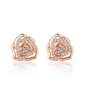 Sterling Silver Hollow Rose Flower Stud Earrings with Shining CZ-0