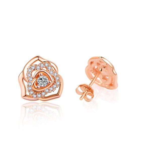 Sterling Silver Hollow Rose Flower Stud Earrings with Shining CZ-5