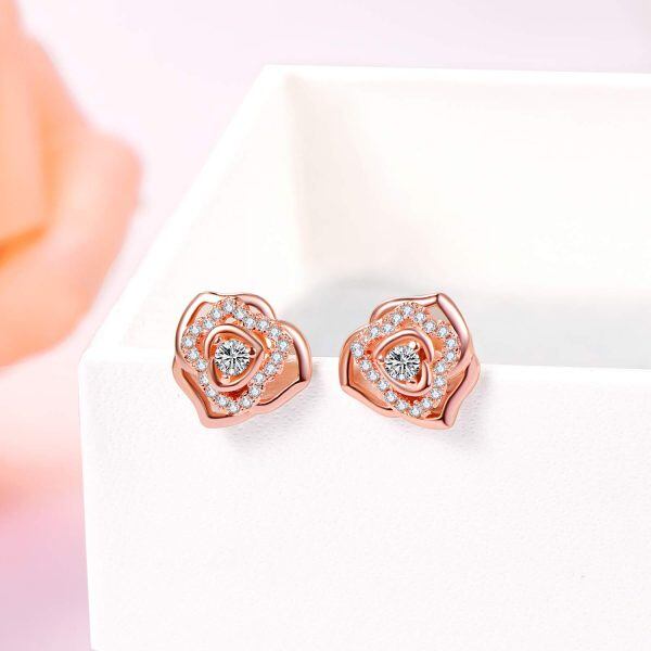 Sterling Silver Hollow Rose Flower Stud Earrings with Shining CZ-6