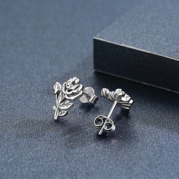 Sterling Silver Hollow Rose Flower Stud Earrings-3