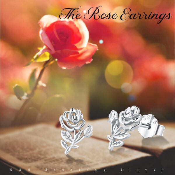 Sterling Silver Hollow Rose Flower Stud Earrings-5