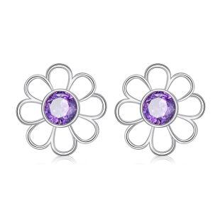 Sterling Silver Daisy Flower Stud Earrings with Genuine Amethyst-0