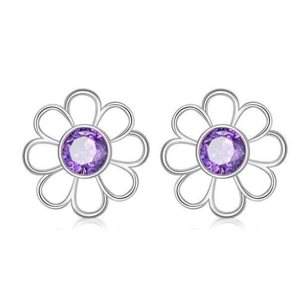 Sterling Silver Daisy Flower Stud Earrings with Genuine Amethyst-0