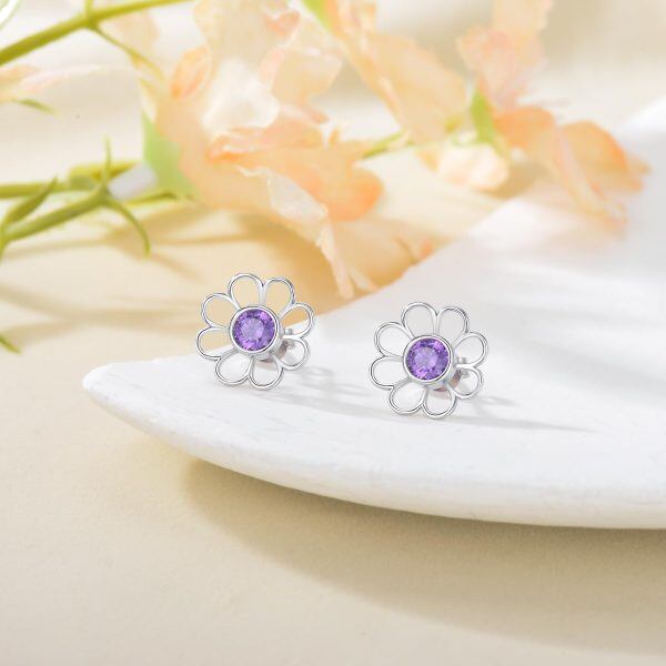 Sterling Silver Daisy Flower Stud Earrings with Genuine Amethyst-4