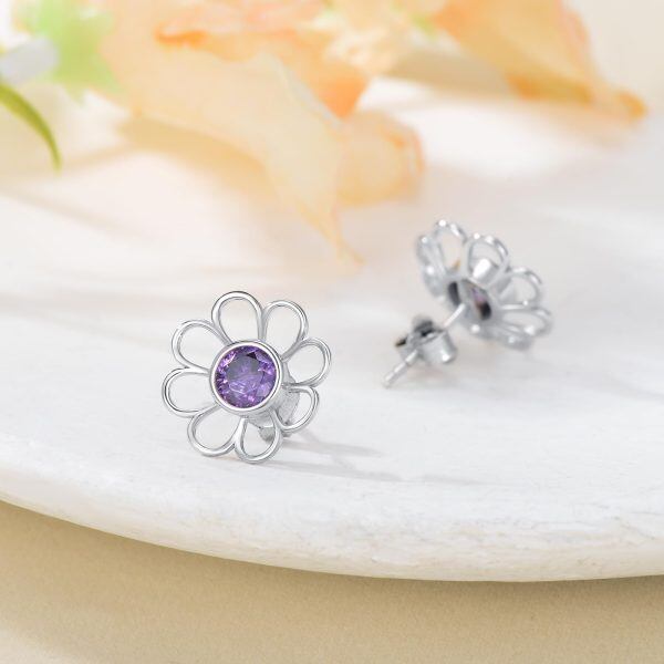 Sterling Silver Daisy Flower Stud Earrings with Genuine Amethyst-5