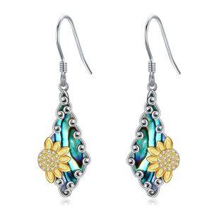 Sterling Silver Sunflower Flower Dangle Earrings with Abalone Shell-0