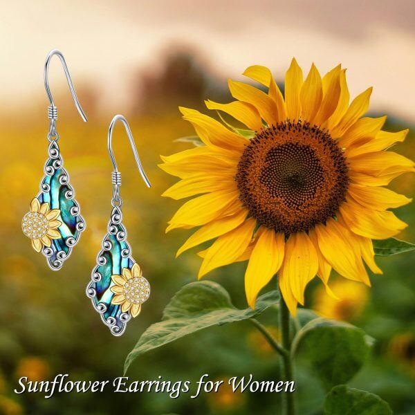 Sterling Silver Sunflower Flower Dangle Earrings with Abalone Shell-5