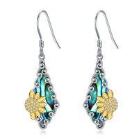 wholesale S925 Sterling Silver Abalone Shell Sunflower CZ Drop Earrings for Women s- Rhodium And Gold Plated