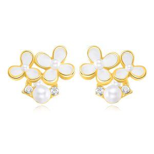 Sterling Silver Enamel White Flower Stud Earrings with Pearl-0