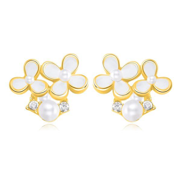 Sterling Silver Enamel White Flower Stud Earrings with Pearl-0