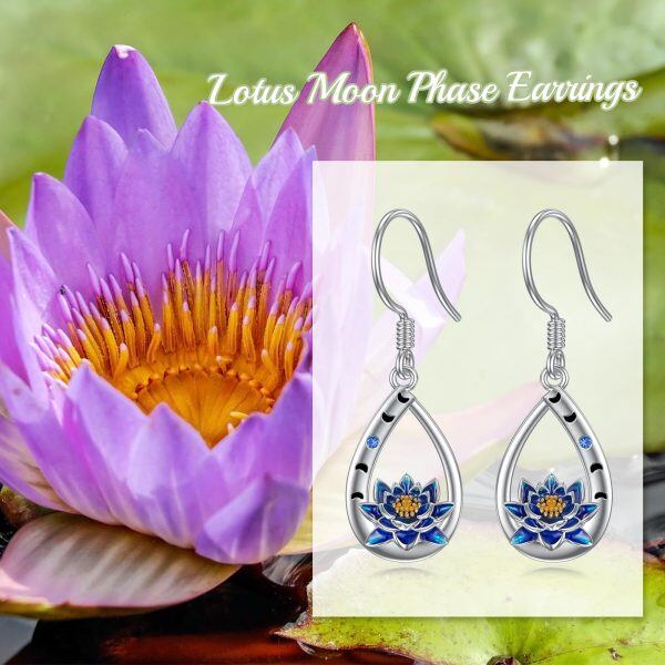 Sterling Silver Moon Phase Lotus Flower Dangle Earrings-5