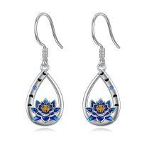 wholesale 925 Sterling Silver Blue Enamel Teardrop Lotus Flower Moon Phase Dangle Earrings for Women Mothers Day Gift- Rhodium And Gold Plated