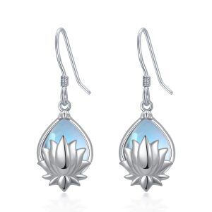 Sterling Silver Moonstone Lotus Flower Dangle Earrings-0