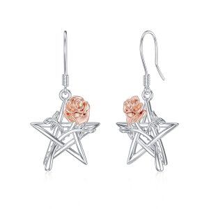 Sterling Silver Pentagram Rose Flower Dangle Earrings-0