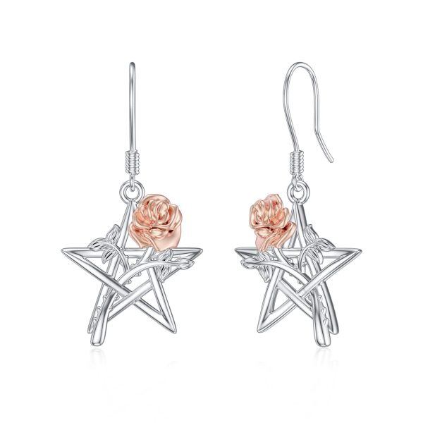 Sterling Silver Pentagram Rose Flower Dangle Earrings-0