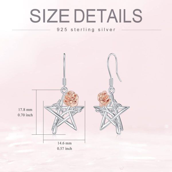 Sterling Silver Pentagram Rose Flower Dangle Earrings-1