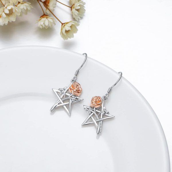 Sterling Silver Pentagram Rose Flower Dangle Earrings-3