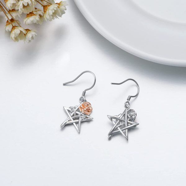 Sterling Silver Pentagram Rose Flower Dangle Earrings-4