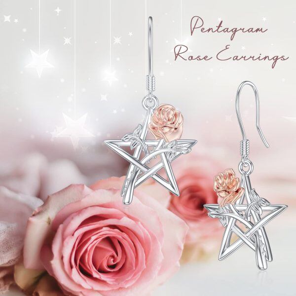 Sterling Silver Pentagram Rose Flower Dangle Earrings-5