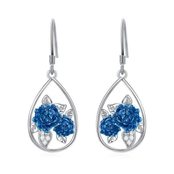 Sterling Silver Enamel Rose Flower Dangle Earrings-0