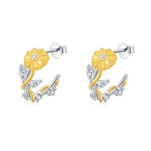 Sterling Silver Daisy Flower Hoop Earrings-0