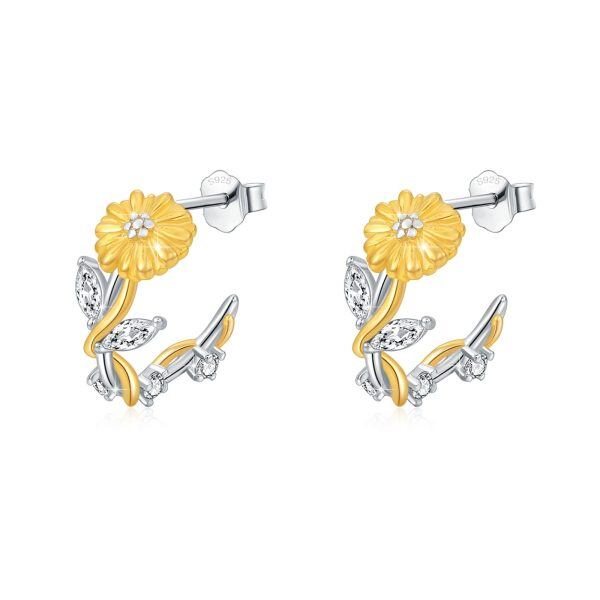 Sterling Silver Daisy Flower Hoop Earrings-0