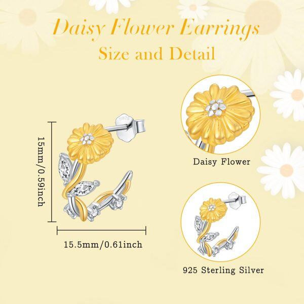 Sterling Silver Daisy Flower Hoop Earrings-1