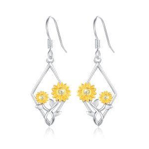 Sterling Silver Sunflower Flower Rhombus Dangle Earrings-0