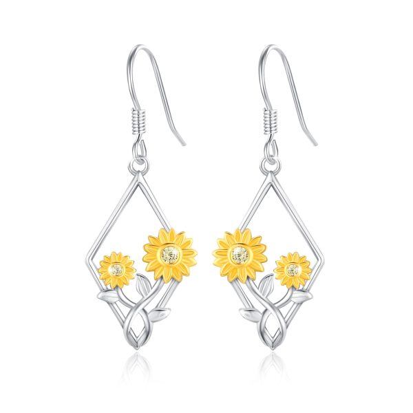 Sterling Silver Sunflower Flower Rhombus Dangle Earrings-0