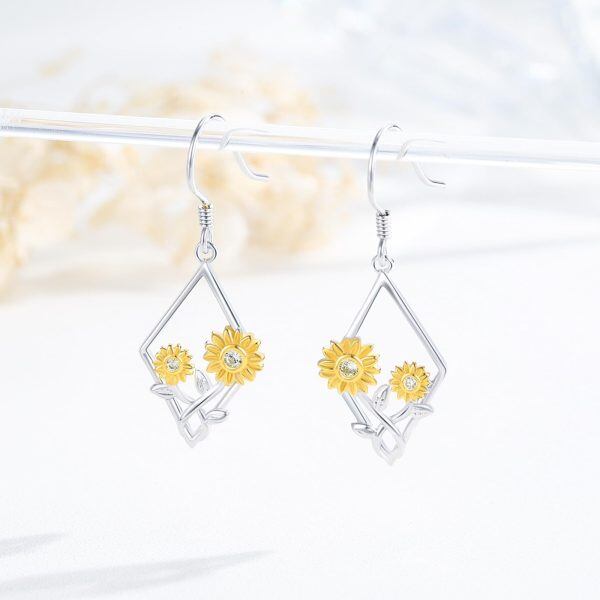 Sterling Silver Sunflower Flower Rhombus Dangle Earrings-4