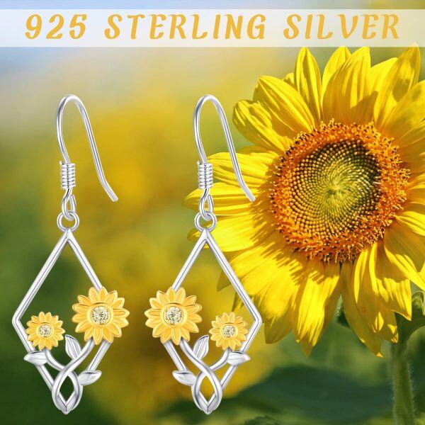 Sterling Silver Sunflower Flower Rhombus Dangle Earrings-5