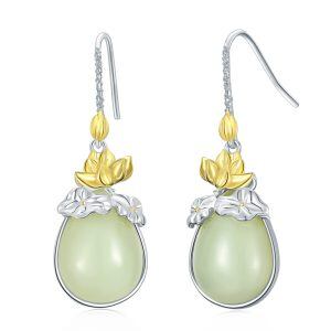 Sterling Silver Teardrop Jade Lotus Flower Dangle Earrings-0