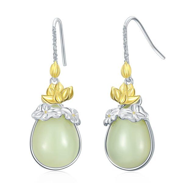 Sterling Silver Teardrop Jade Lotus Flower Dangle Earrings-0