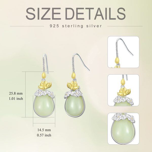 Sterling Silver Teardrop Jade Lotus Flower Dangle Earrings-1