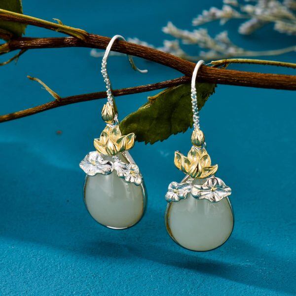 Sterling Silver Teardrop Jade Lotus Flower Dangle Earrings-3