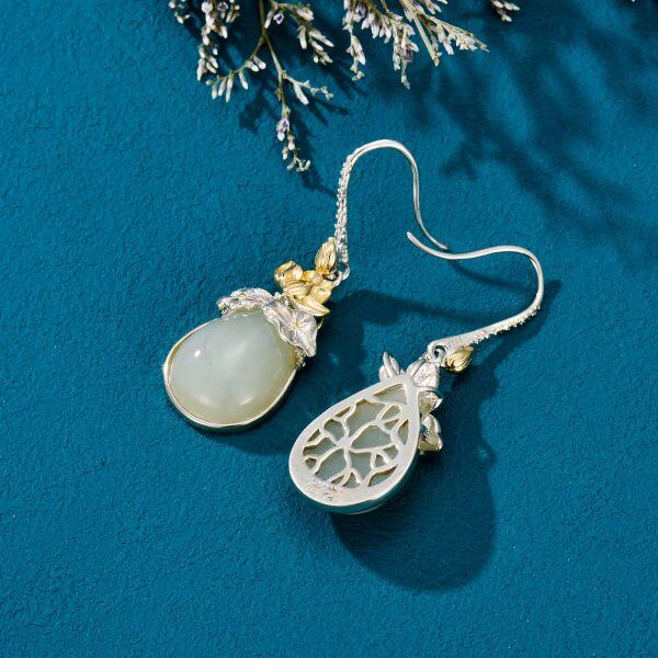 Sterling Silver Teardrop Jade Lotus Flower Dangle Earrings-4