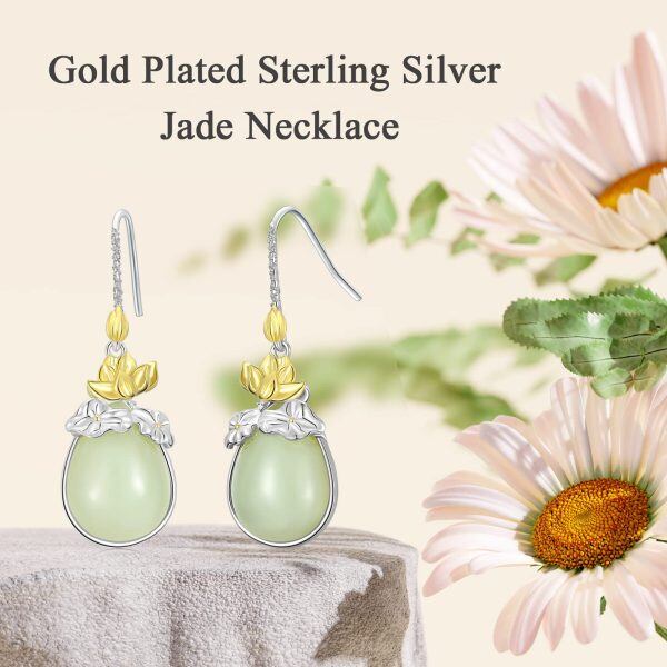 Sterling Silver Teardrop Jade Lotus Flower Dangle Earrings-6