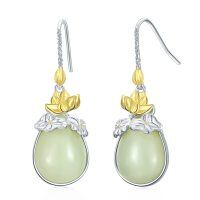 wholesale 925 Sterling Silver Gold-Plated Green Jade Lotus Drop Earrings for Women - Rhodium And Gold Plated