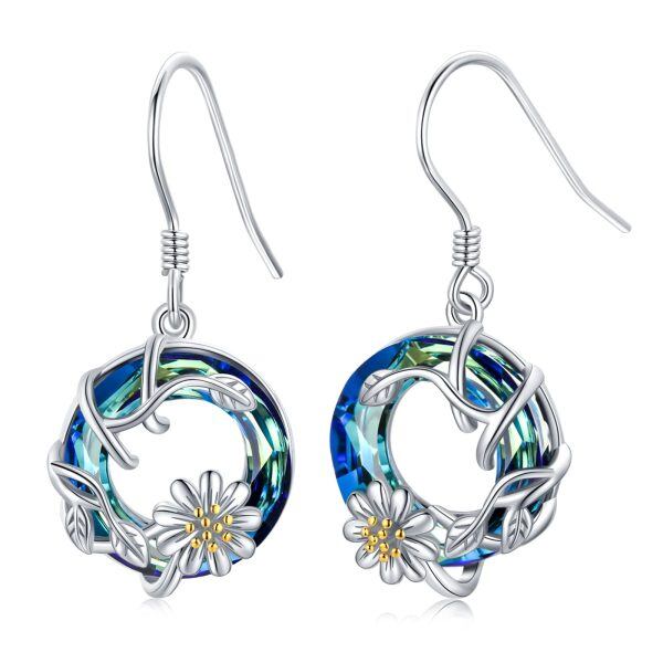 Sterling Silver Daisy Flower Dangle Earrings with Blue Crystal Circle-0