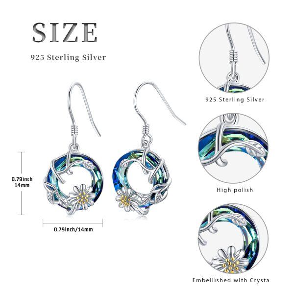 Sterling Silver Daisy Flower Dangle Earrings with Blue Crystal Circle-1